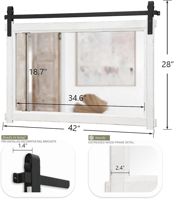 Bathroom Barn Door Mirror: 42"x28" White Farmhouse Wood Frame - Image 6
