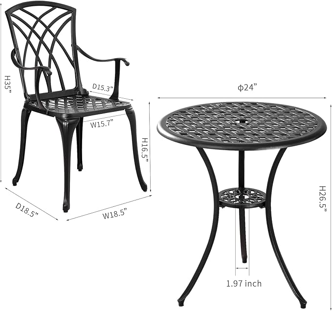 Outdoor 3 Piece Bistro Set Cast Aluminum Bistro Table and Chairs Set of 2 - Image 5