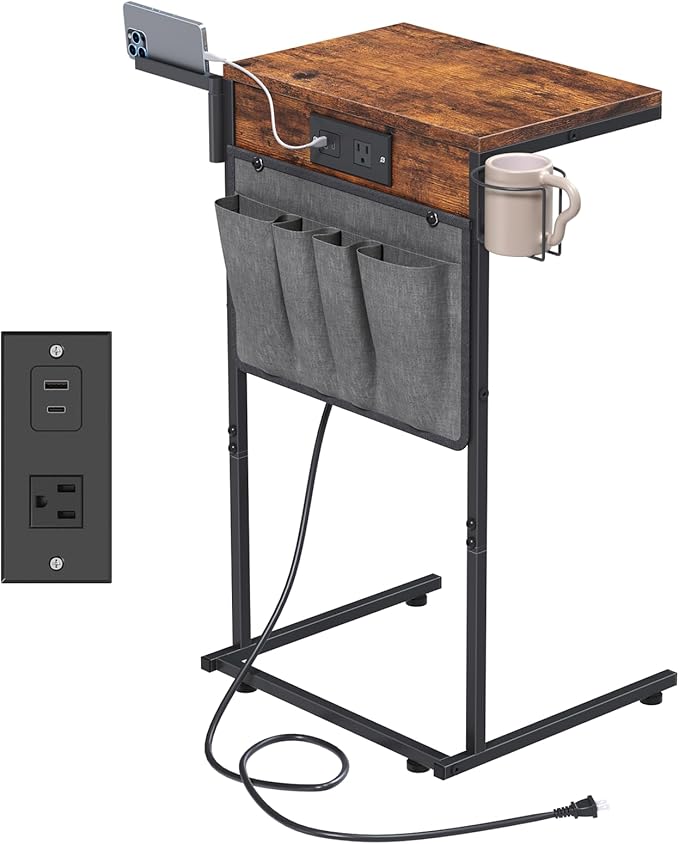 C Shaped End Table with Charging Station, Small TV Tray with Cup Holder and by Evermagin
