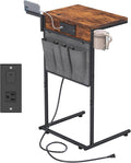 C Shaped End Table with Charging Station, Small TV Tray with Cup Holder and by Evermagin