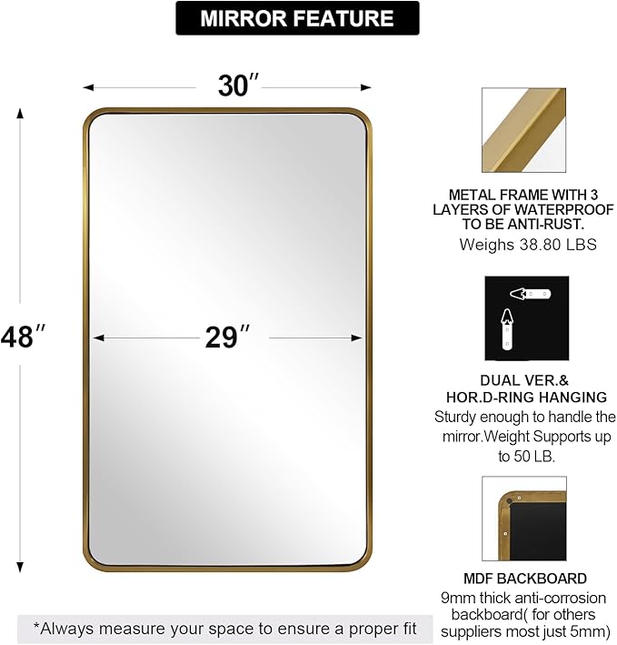 ANDY STAR Brushed Gold Bathroom Mirror 48”X30”, Brass Bathroom Vanity Mirror - Image 2