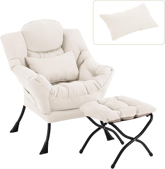 Lazy Chair with Ottoman, Modern Accent Chair with Lumbar Pillow, Comfy Chairs - Image 8