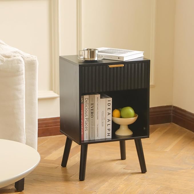 Fluted Black Nightstand with Charging Station, Mid Century Modern Bedside Table - Image 2