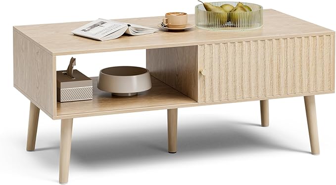 Coffee Table with Storage, Boho Dining Table with Sliding Fluted Door and Solid - Image 5