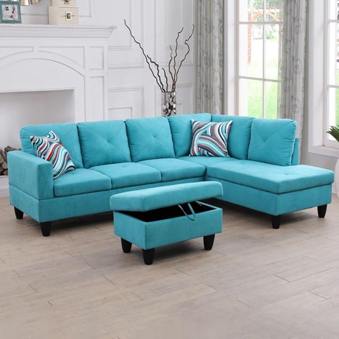 Light Blue L-Shaped 3-Piece Linen Sofa - Image 7
