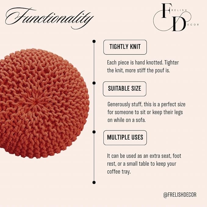 FRELISH DECOR Round Pouf Ottoman Hand Knitted 100% Cotton Pouf Foot Stool - Image 4
