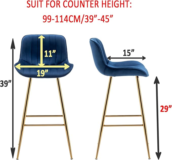 Sidanli Velvet Blue Bar Stools, 29 Inch Upholstered Island Stools - Image 2