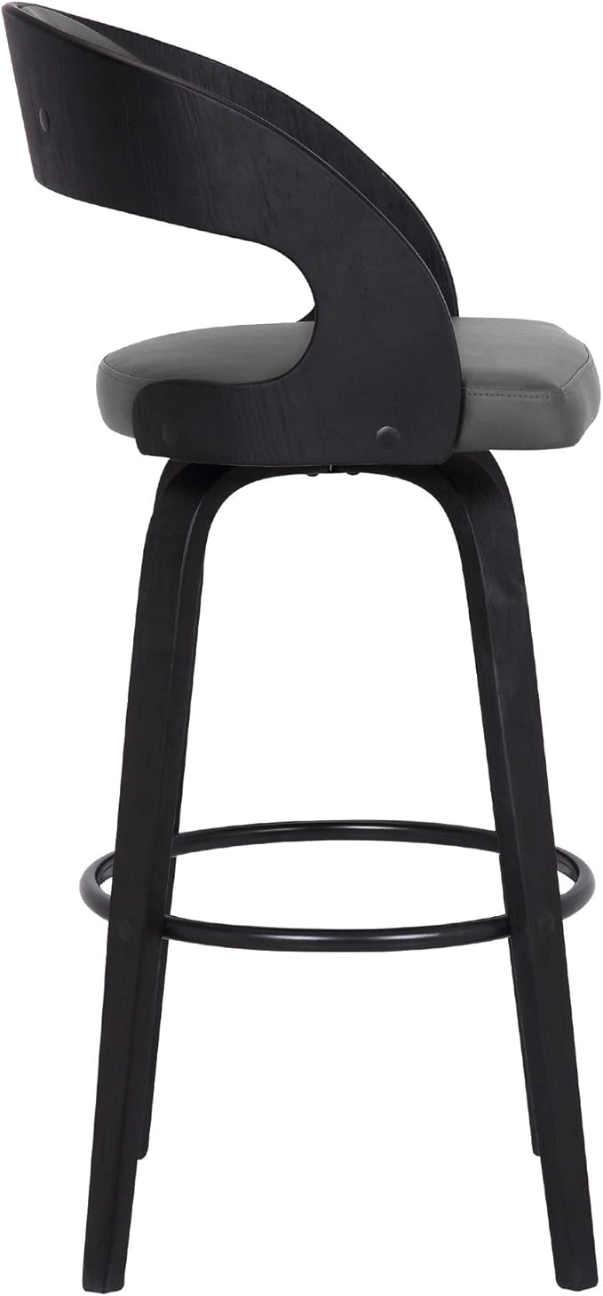 Armen Living Shelly 30" Bar Height Swivel Gray Faux Leather and Black Wood Bar - Image 8