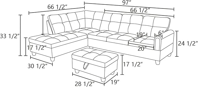 L-Shaped Sectional Sofa with Ottoman, Right-Facing Leather Modern Couch with - Image 2