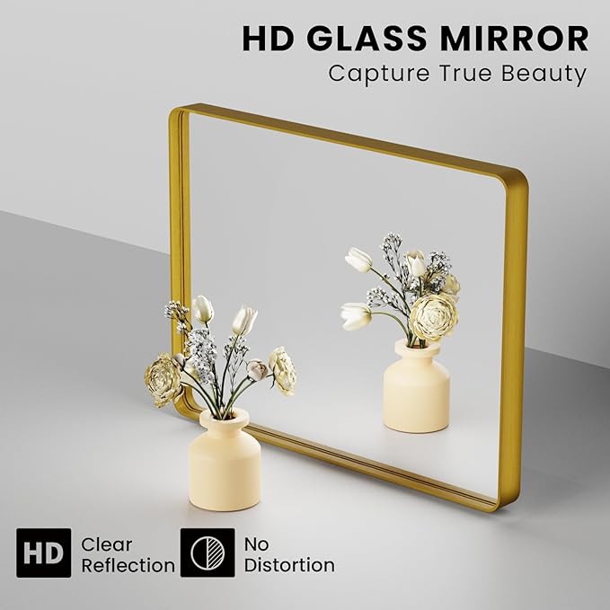 Gold Bathroom Mirror, 36x36 Inch Brushed Gold Metal Frame Mirror - Image 3