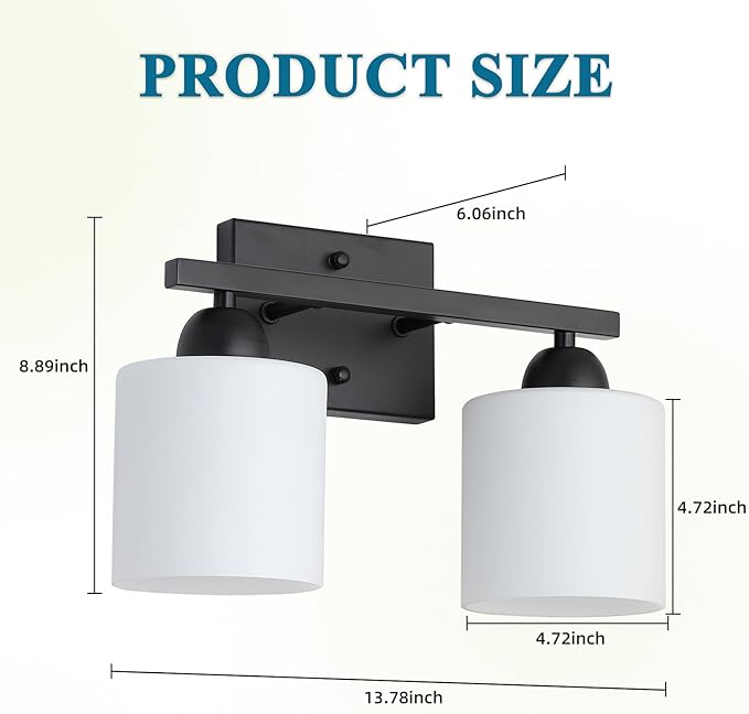 Milk Glass Vanity Lights for Bathroom, 2 Light Matte Black Bathroom Light - Image 4