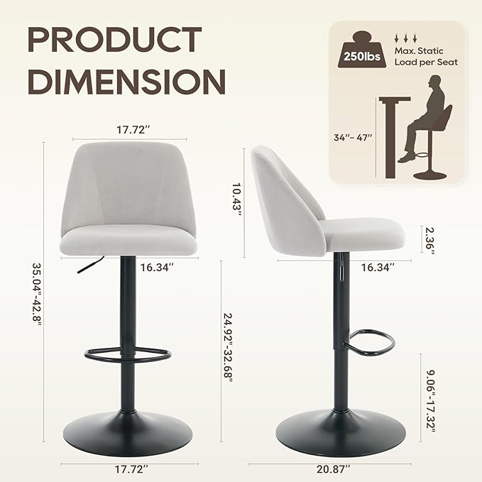 COLAMY Bar Stools Set of 2, Modern Swivel Bar Chairs, Adjustable Upholstered - Image 2