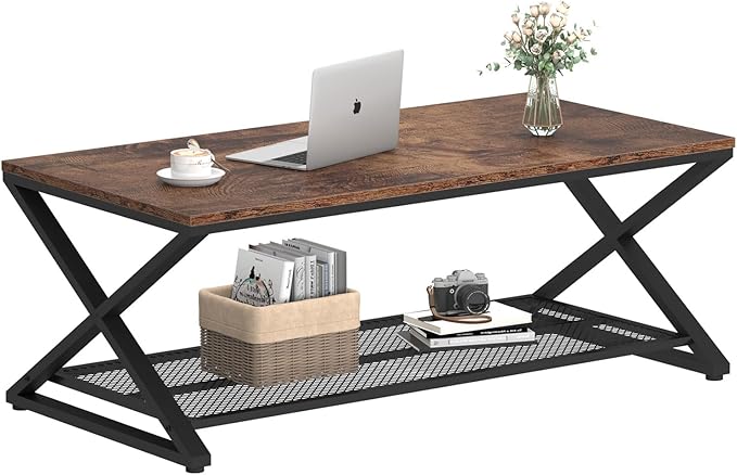 LVB Rustic Coffee Table with Storage, Industrial Wood Metal 2 Tier Center - Image 8