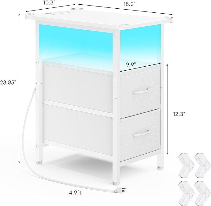 Vagusicc White Nightstand with Charging Station and LED Lights, Narrow Side - Image 3