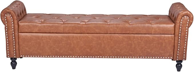 VEVOR Button-Tufted Storage Ottoman Bench, Rolled Arm PU Leather Bench - Image 9