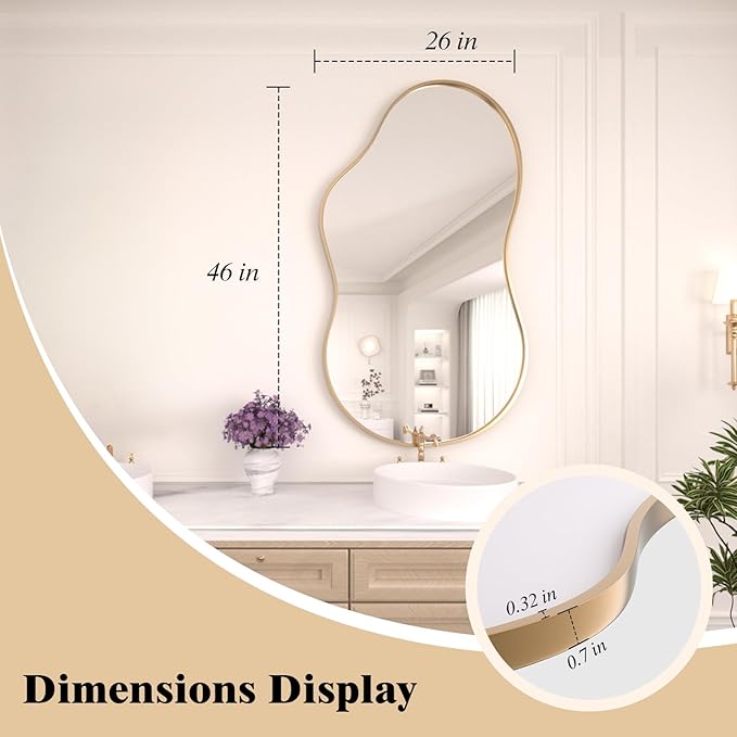 WEER Irregular Wall Mirror, 26x46 inch Gold Asymmetrical Mirror Wall Mounted - Image 7