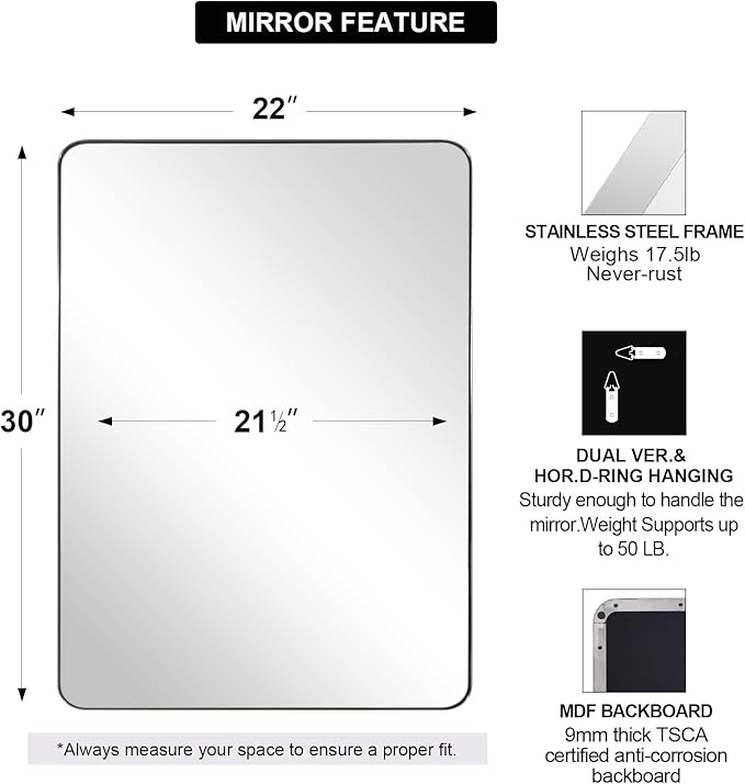 ANDY STAR Chrome Mirror for Bathroom, Modern Rectangle Bathroom Vanity - Image 3