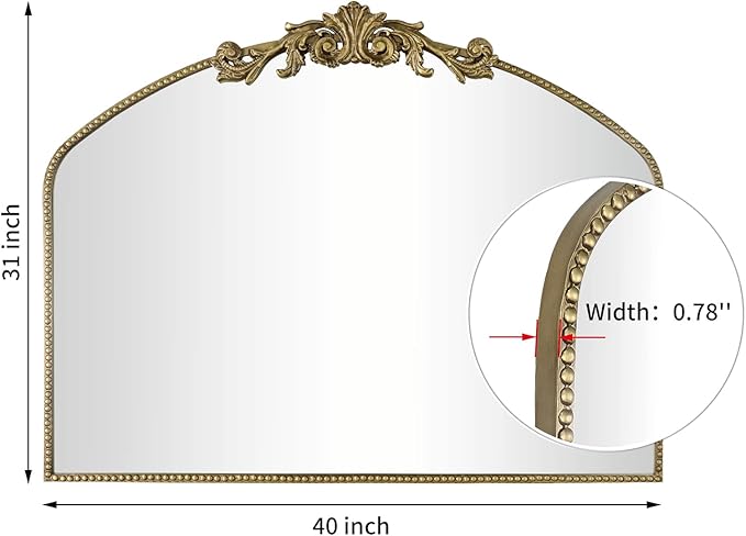 AIXI HOME Vintage Gold Arched Mirror 40"X31", Antique Baroque Mantel Wall Mirror - Image 3