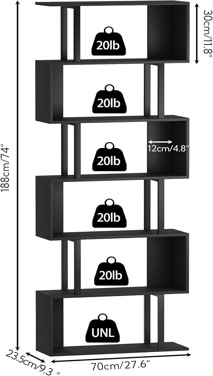 Yusong S Shaped Bookshelf, Modern Geometric Bookcase, 6-Tier Black Display Case - Image 3