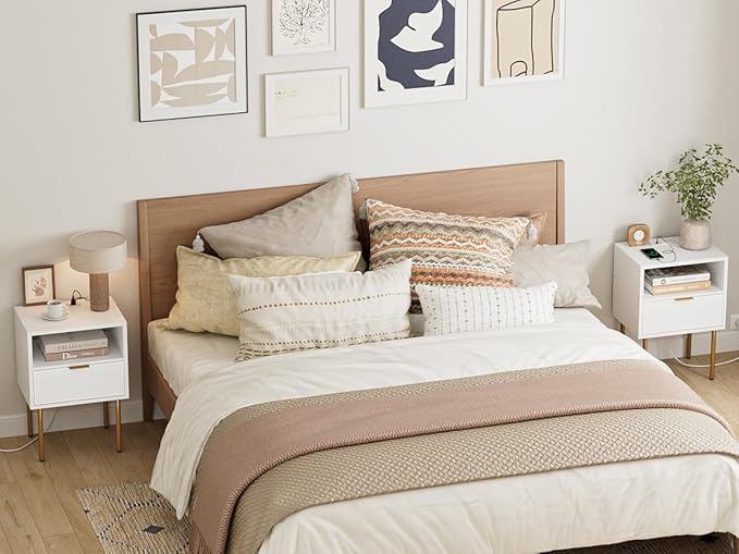 Masupu Nightstand with Charging Station, Mid-Century Modern Bedside Table with - Image 9