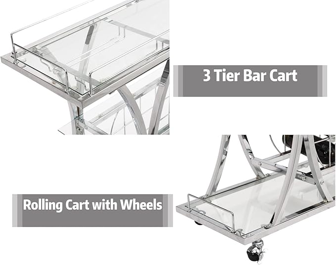 Silver Bar Carts with Glass Holders & Wine Rack, 3 Tier Home Bar Serving Carts - Image 3