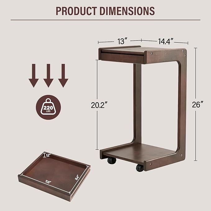 CozyDH C Shaped Solid Wood End Table, Rolling Side Table TV Sofa Tray Table - Image 2