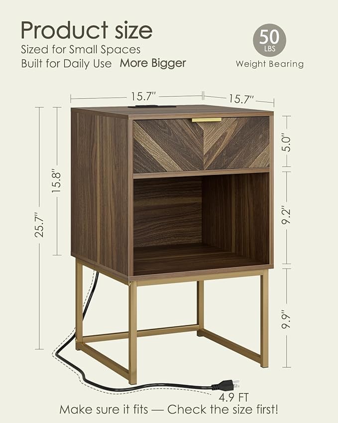 Nightstand with Charging Station, Modern Night Stand Boho Farmhouse Wood - Image 2