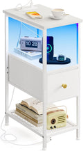Fixwal Narrow Side Table with Charging Station and LED Light, Skinny Nightstand by Fixwal
