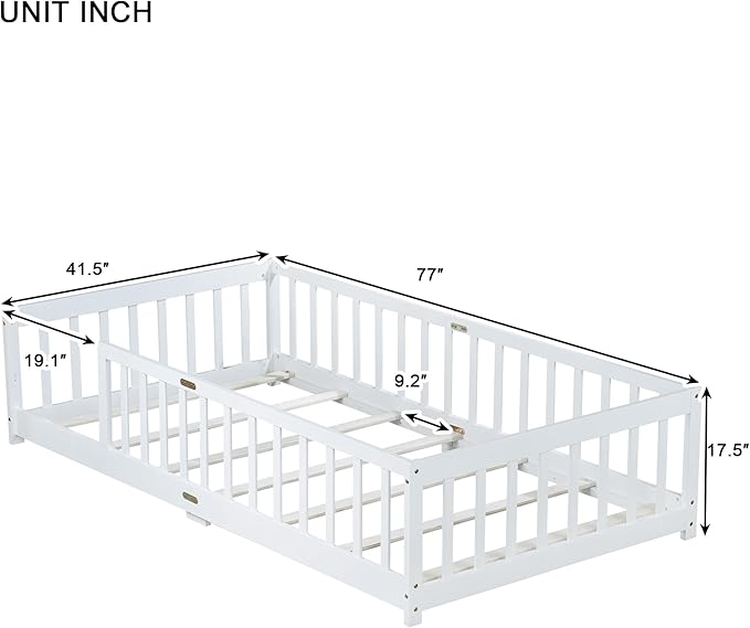 Bellemave Twin Floor Bed with Slats and Safety Guardrails, Kids Montessori - Image 3
