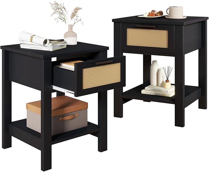 IBUYKE Rattan Nightstand Set of 2, Boho Night Stand by IBUYKE