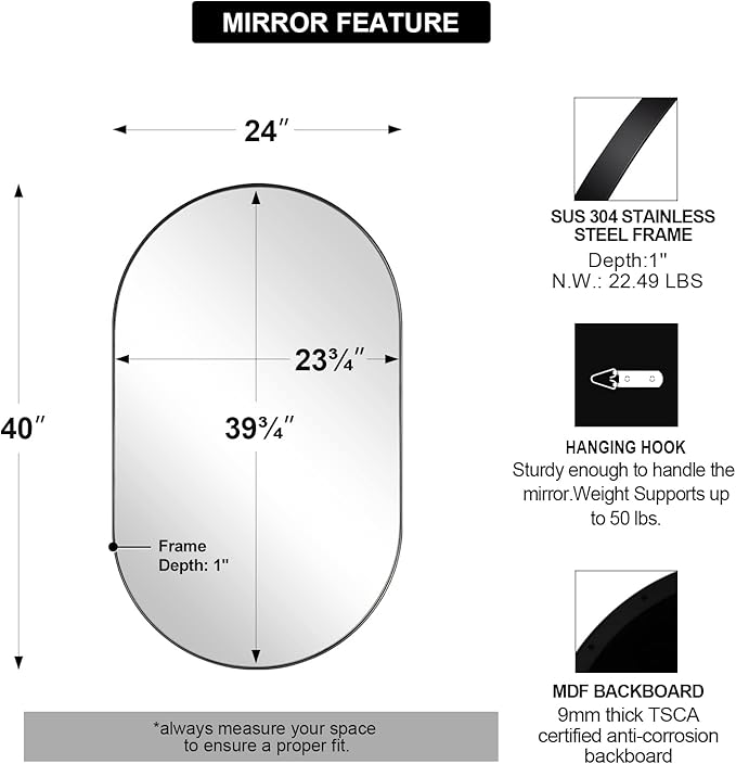 ANDY STAR Oval Mirrors for Bathroom, 24x40’’ Black Vanity Mirror, 1’’ Deep - Image 2