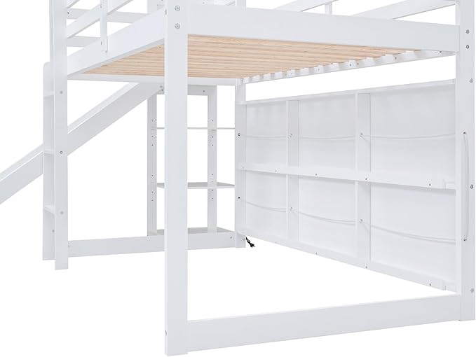 Twin Size House Loft Bed with Slide, Storage Shelves and Light, Wood Kids Bed - Image 6