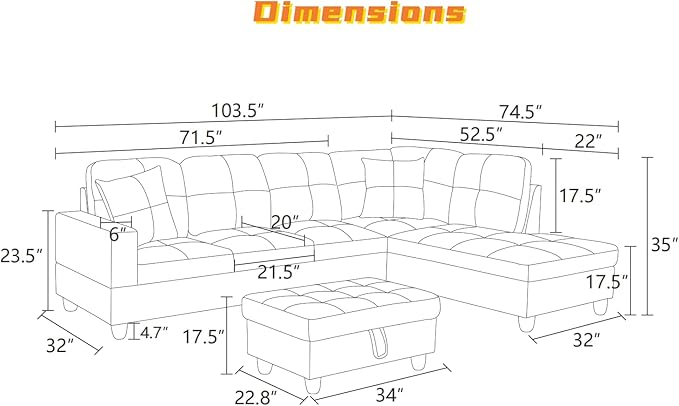 L Shaped Sectional Couch with Otttoman, Apartments, Light Grey - Image 2