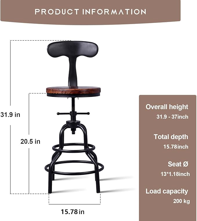Diwhy Industrial Vintage Counter Stool, Kitchen Counter Height Adjustable - Image 3
