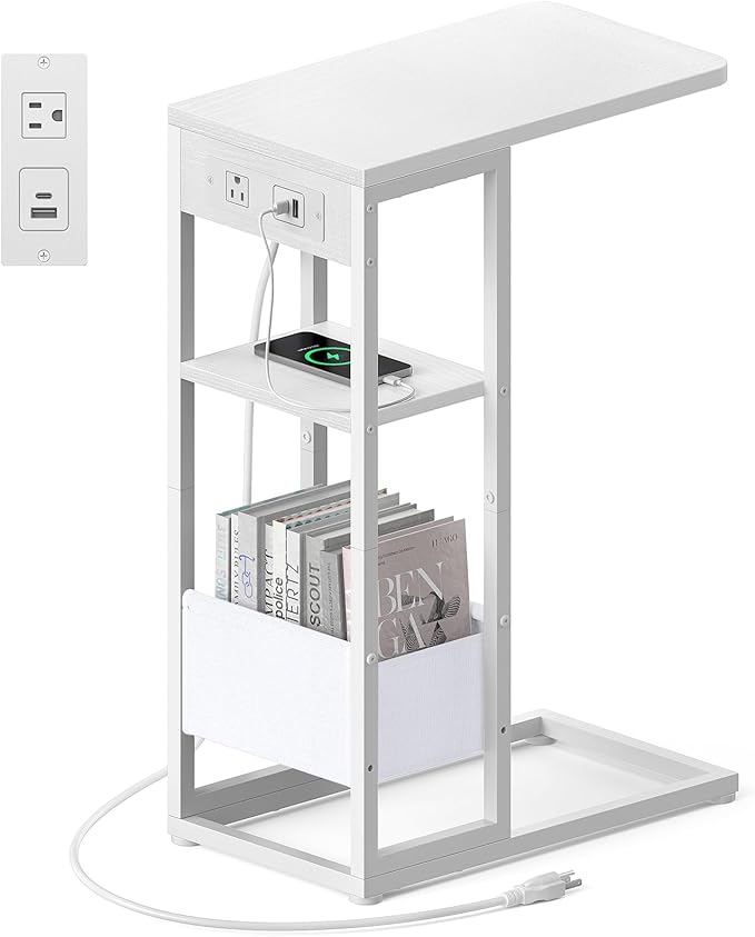 C Shaped End Table with Charging Station, Small Side Table by Yuede