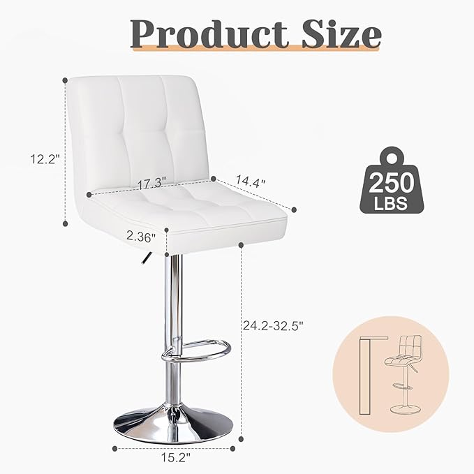 Sweetcrispy Bar Stools Set of 2, Armless PU Leather Adjustable Swivel Barstools - Image 3