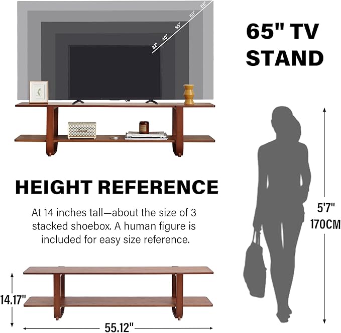 Welnow Bamboo TV Stand for Up to 65 Inch, Mid Century Modern Entertainment - Image 5