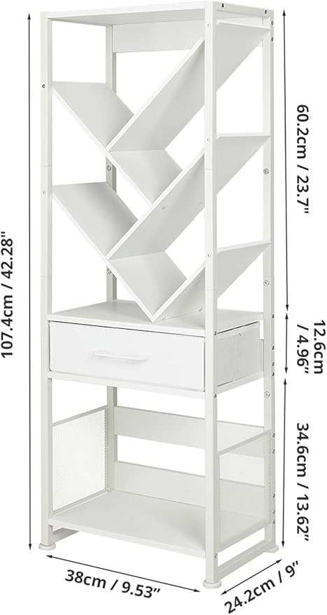 Bookshelf with Drawer, 8 Tier Tree Bookcase Retro Floor Standing Bookshelves - Image 2