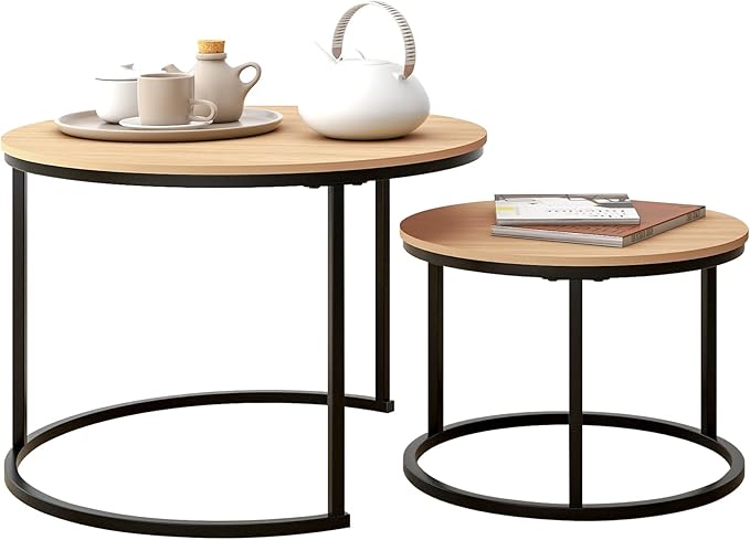 Industrial Round Coffee Table Set of 2 End Table by HOJINLINERO