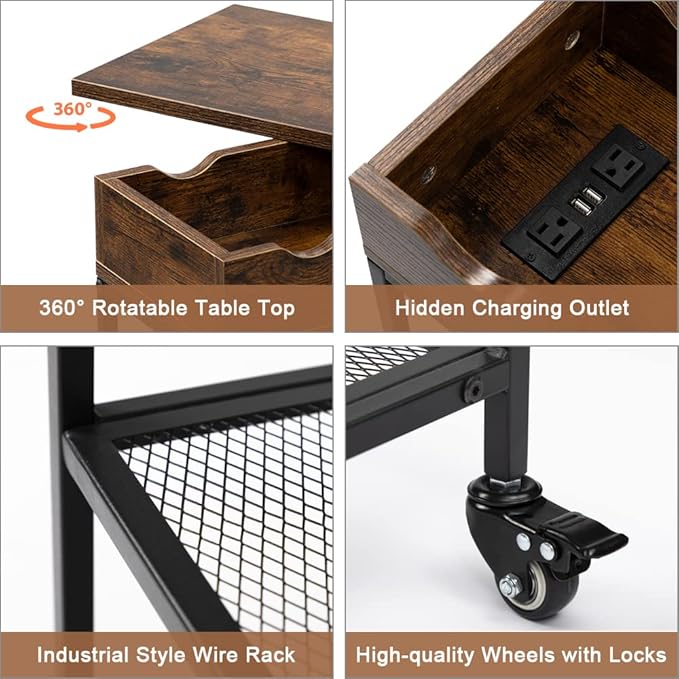 Hadulcet End Table with Charging Station, Couch End Tables Rotating Top Skinny - Image 8