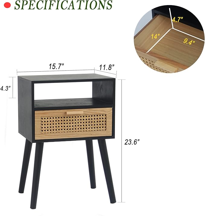 MaxSmeo End Table with Storage Mid Century Nightstand with Rattan Drawer and - Image 3