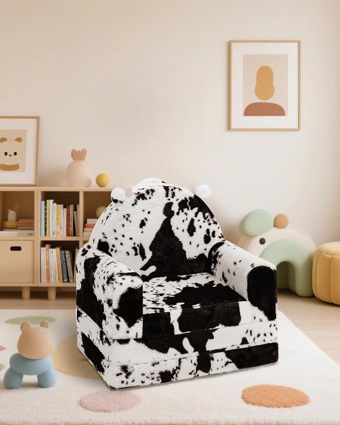 2-in-1 Toddler Chair and Couch – Soft Faux Rabbit Fur, Cow Pattern Design - Image 7