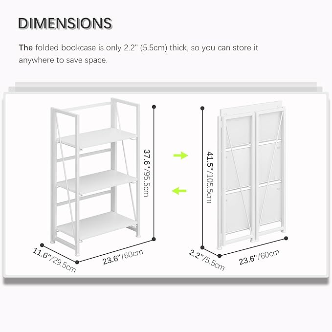 4NM No-Assembly Folding Bookshelf Storage Shelves 3 Tiers Vintage Bookcase - Image 2