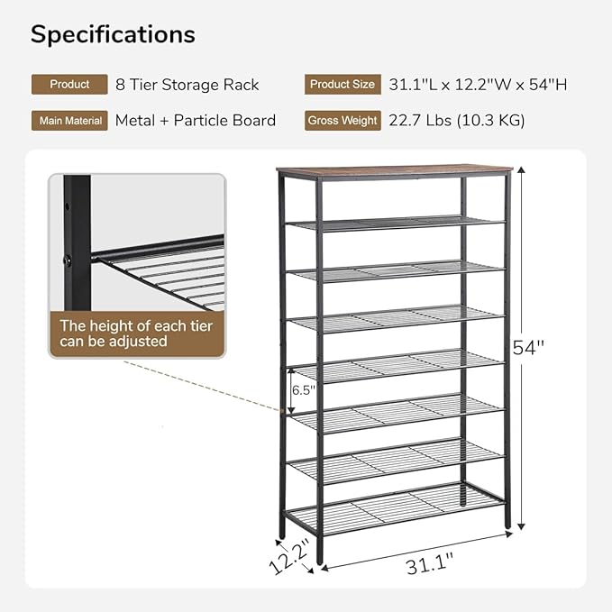 8-Tier Shoe Rack Organizer, Metal Mesh Shoe Storage Shelf, - Image 3