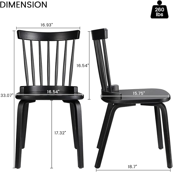 Unovivy Wood Dining Chairs Set of 6, Windsor Farmhouse Spindle Back, Widen Seat - Image 3