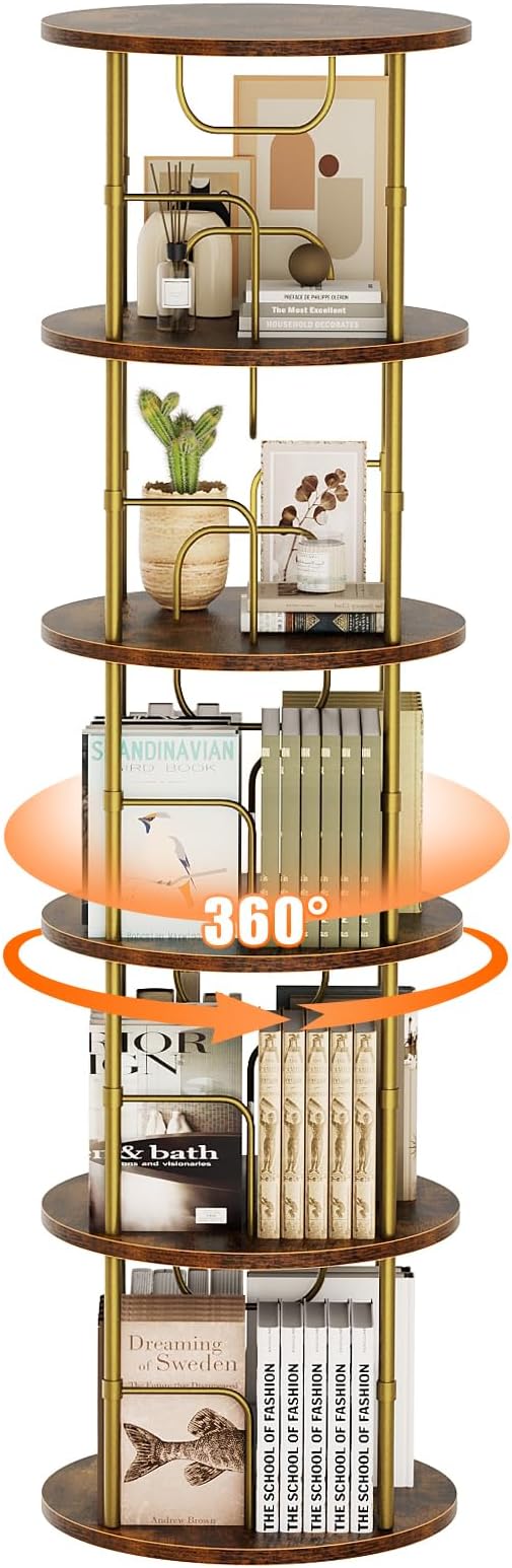 5 Tier Rotating Bookshelf, 360 ° Display Stackable Spinning Bookshelf Tower - Image 8