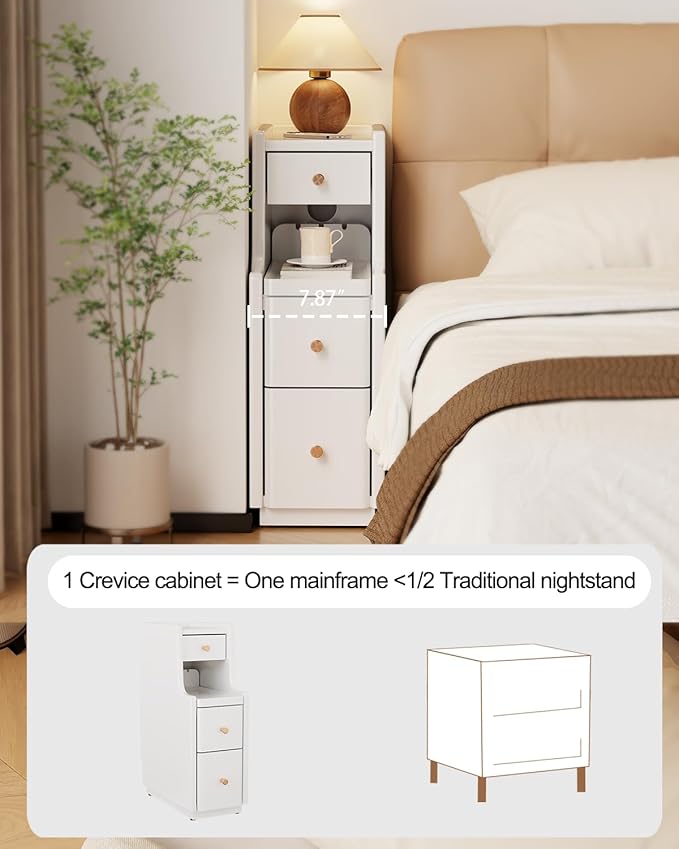 Narrow Nightstand with 3 Drawers, Solid Wood Small Nightstand White, Modern - Image 5