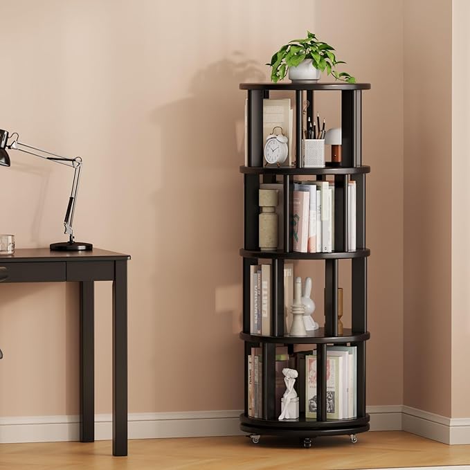 Solid Wood Rotating Bookshelf on Wheels, 4 Tier, Round Revolving Bookcase - Image 9