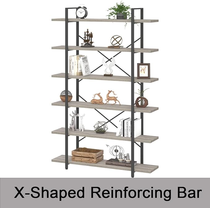 HSH 6 Tier Tall Bookshelf, Metal Wood Vertical Display Book Shelf, Industrial 6 - Image 5