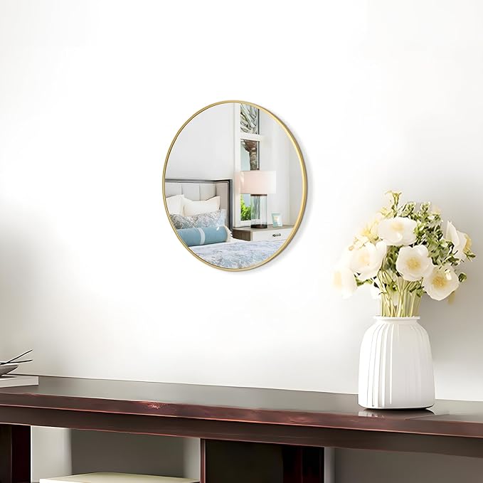 12 Inch Gold Round Bathroom Mirror Circle Wall Mirrors Brushed Metal Frame - Image 8